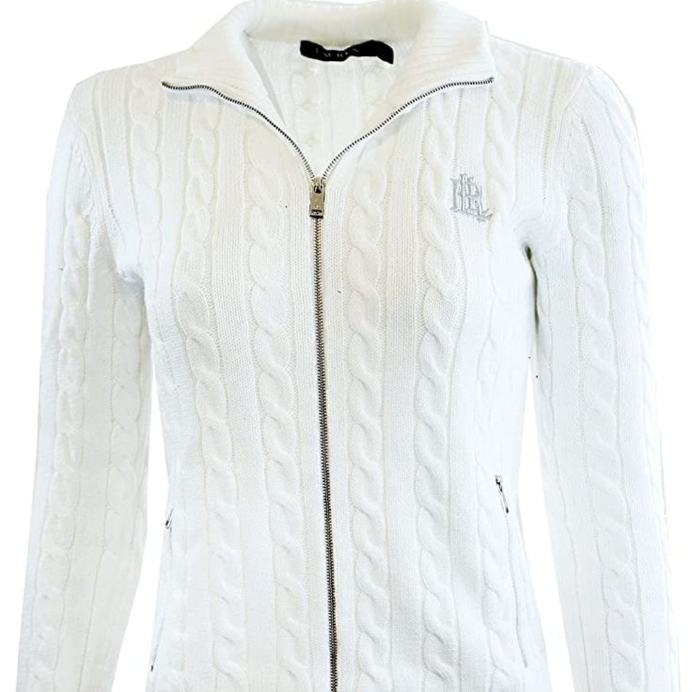 Lauren Ralph Lauren Cable Knit Zip Up Sweater (Silver Edition) - Size Medium